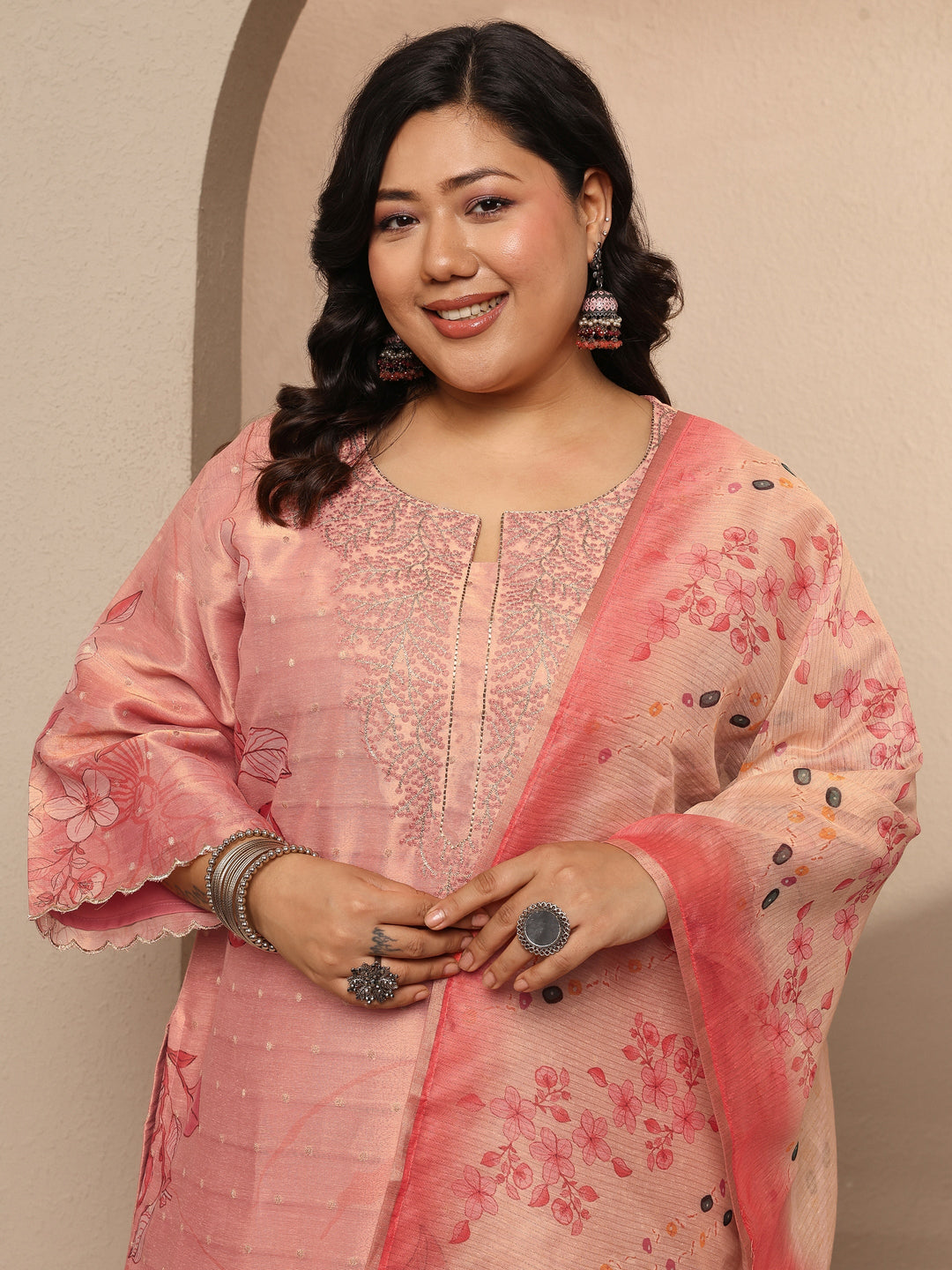 Plus Size Peach Printed Silk Blend Straight Suit Set With Dupatta