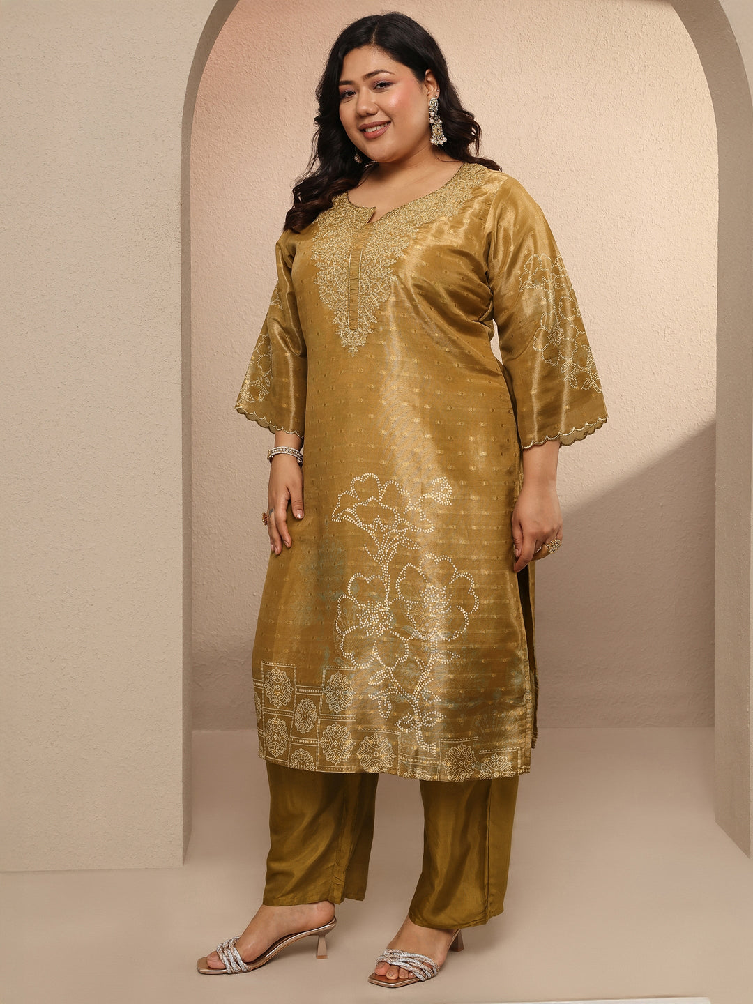 Plus Size Gold Bandhani Printed Silk blend Straight Suit Set With Dupatta