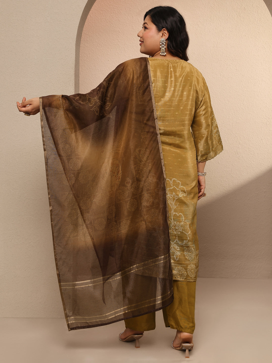 Plus Size Gold Bandhani Printed Silk blend Straight Suit Set With Dupatta