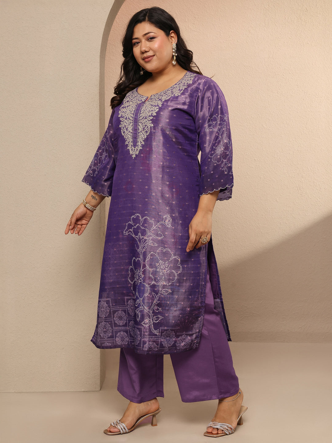 Plus Size Purple Embellished Silk blend Suit Set With Dupatta