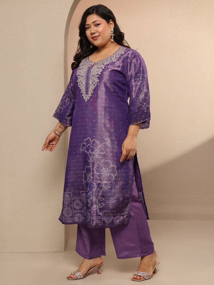 Plus Size Purple Embellished Silk blend Suit Set With Dupatta