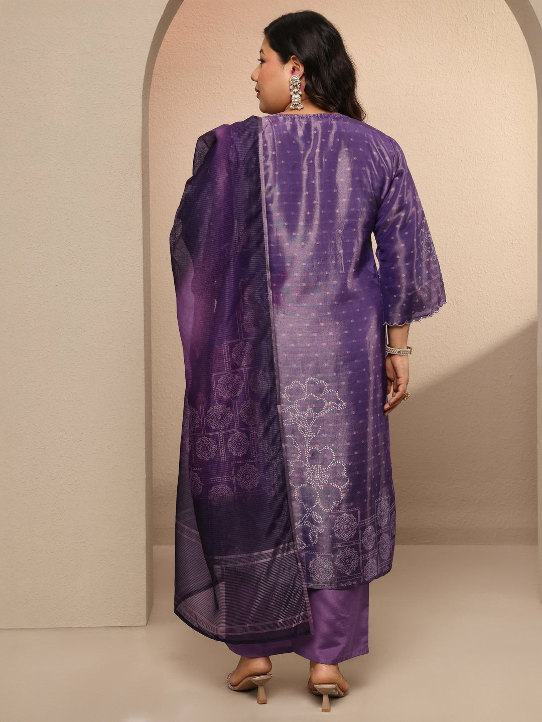 Plus Size Purple Embellished Silk blend Suit Set With Dupatta