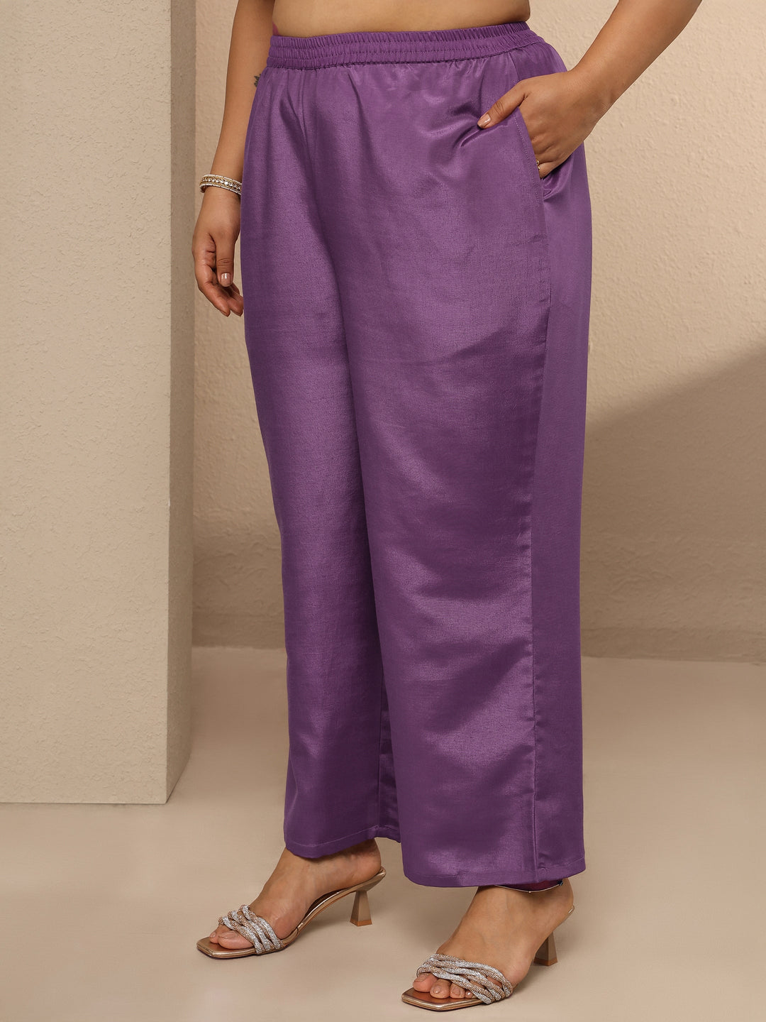 Plus Size Purple Embellished Silk blend Suit Set With Dupatta
