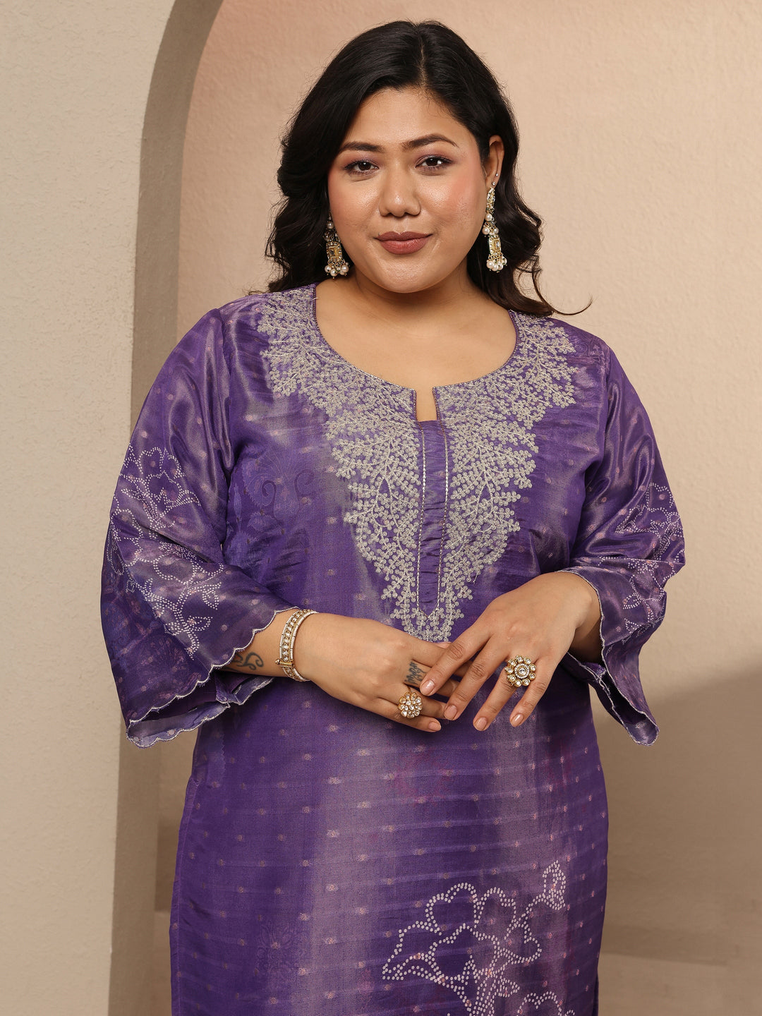 Plus Size Purple Embellished Silk blend Suit Set With Dupatta