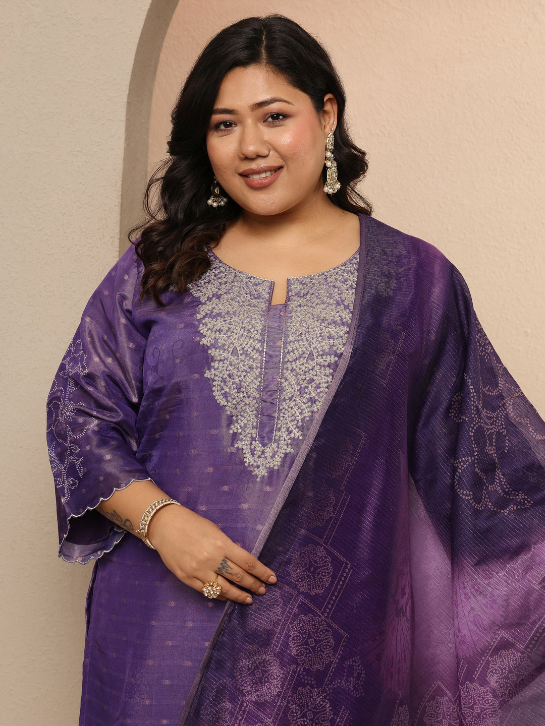 Plus Size Purple Embellished Silk blend Suit Set With Dupatta