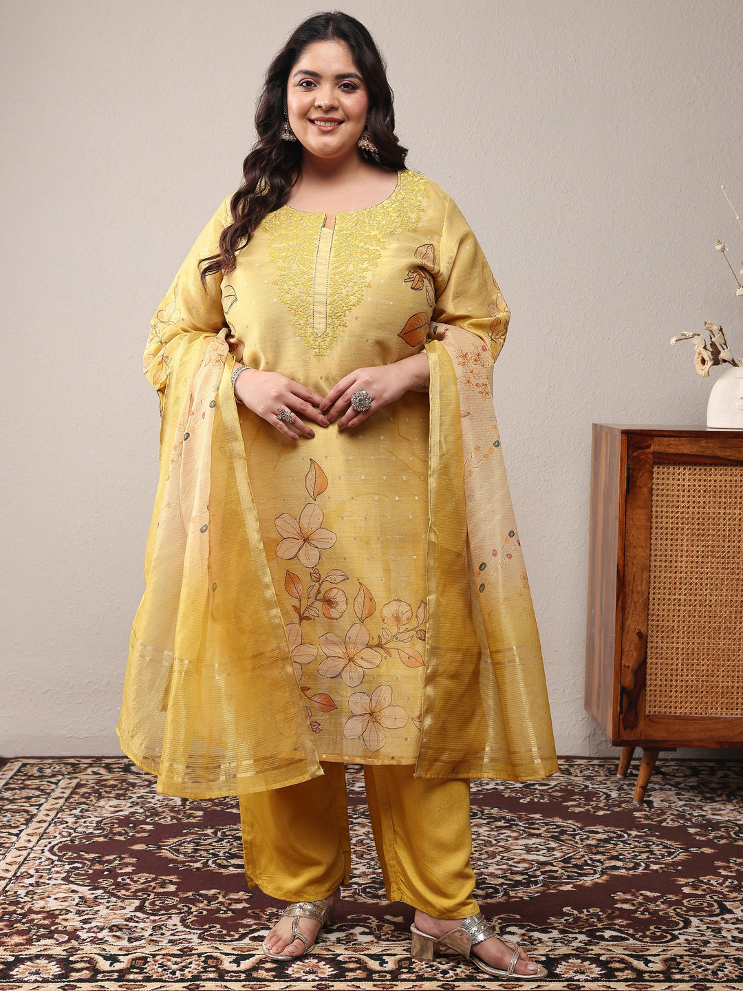Plus Size Yellow Printed Silk Blend Straight Suit Set With Dupatta
