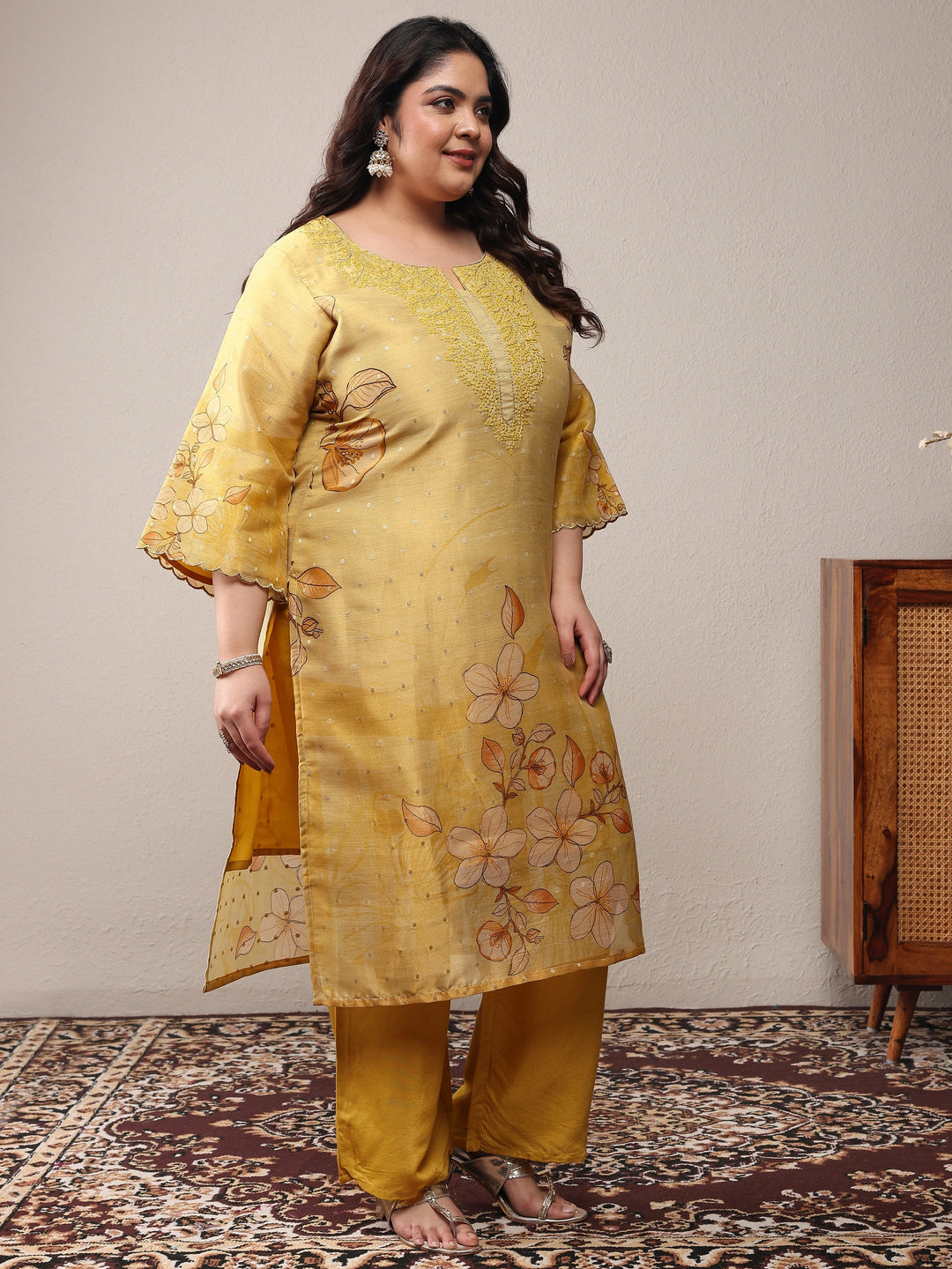 Plus Size Yellow Printed Silk Blend Straight Suit Set With Dupatta