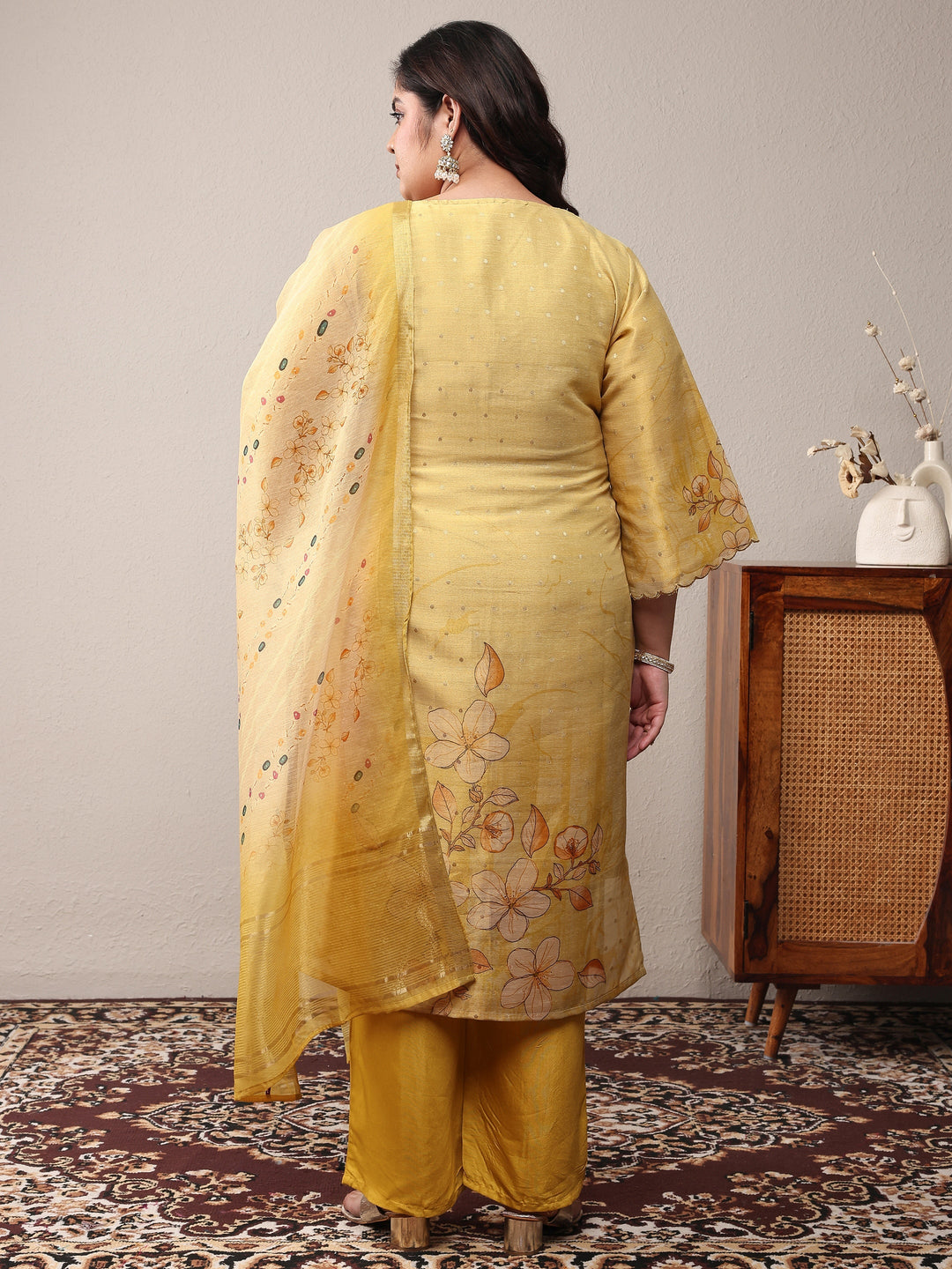 Plus Size Yellow Printed Silk Blend Straight Suit Set With Dupatta