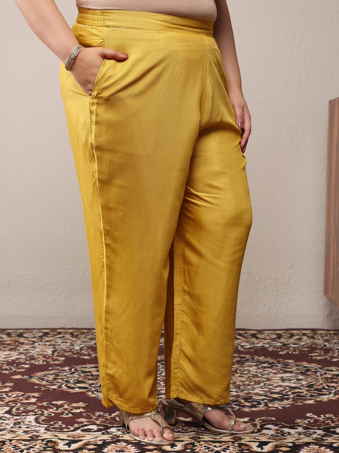 Plus Size Yellow Printed Silk Blend Straight Suit Set With Dupatta