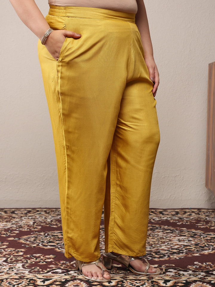 Plus Size Yellow Printed Silk Blend Straight Suit Set With Dupatta