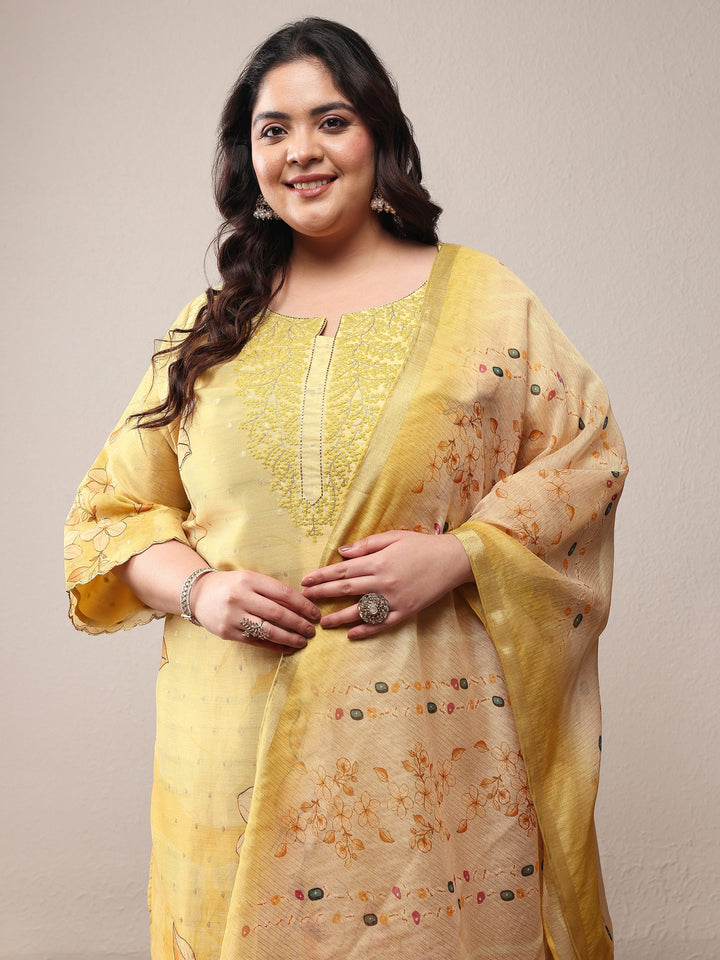 Plus Size Yellow Printed Silk Blend Straight Suit Set With Dupatta