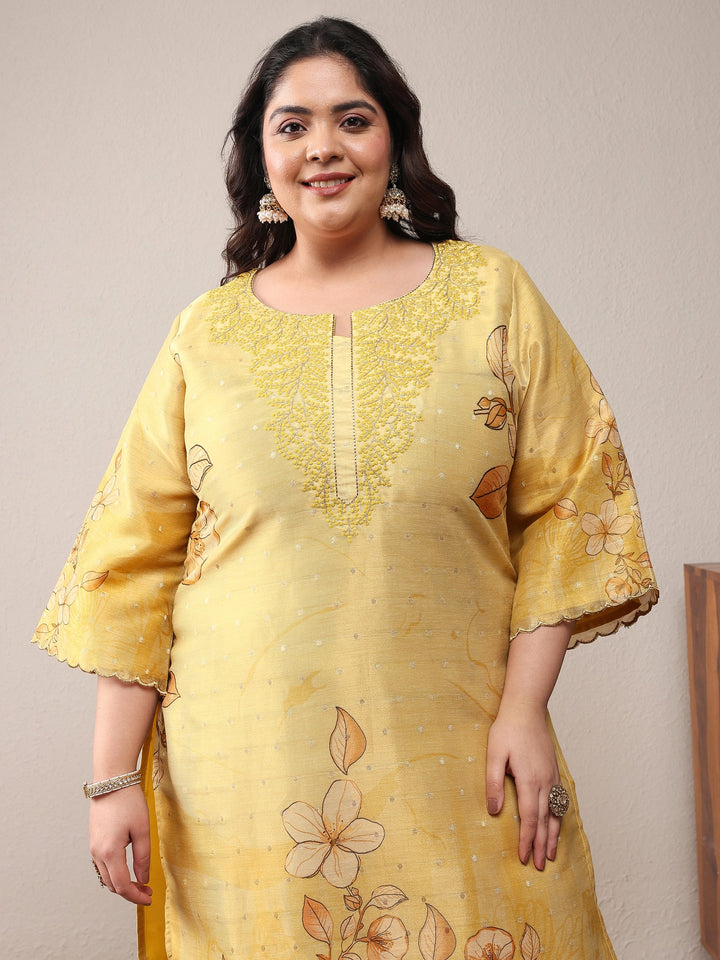 Plus Size Yellow Printed Silk Blend Straight Suit Set With Dupatta