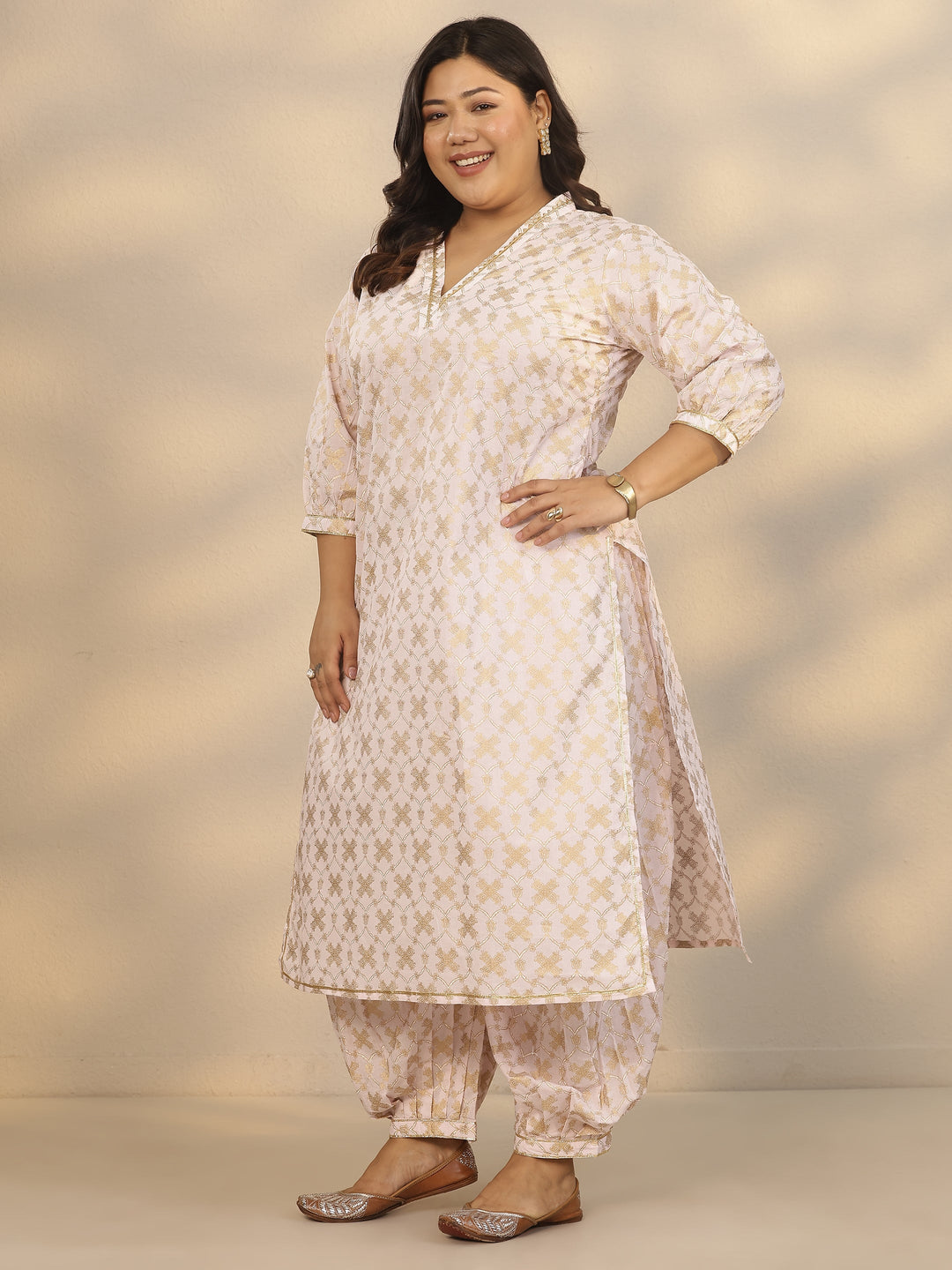 Plus Size Pink Printed Cotton Straight Suit Set With Dupatta