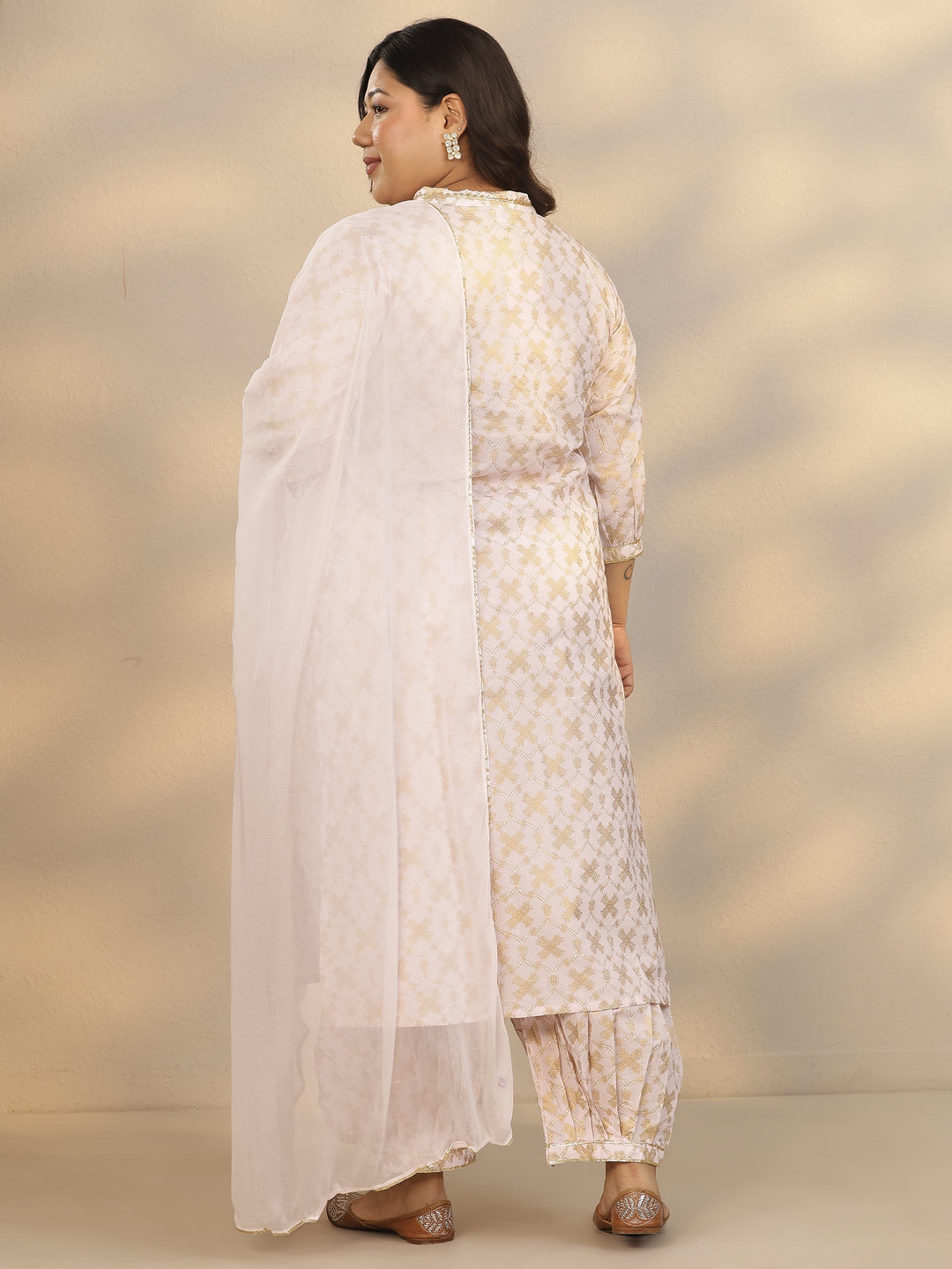 Plus Size Pink Printed Cotton Straight Suit Set With Dupatta