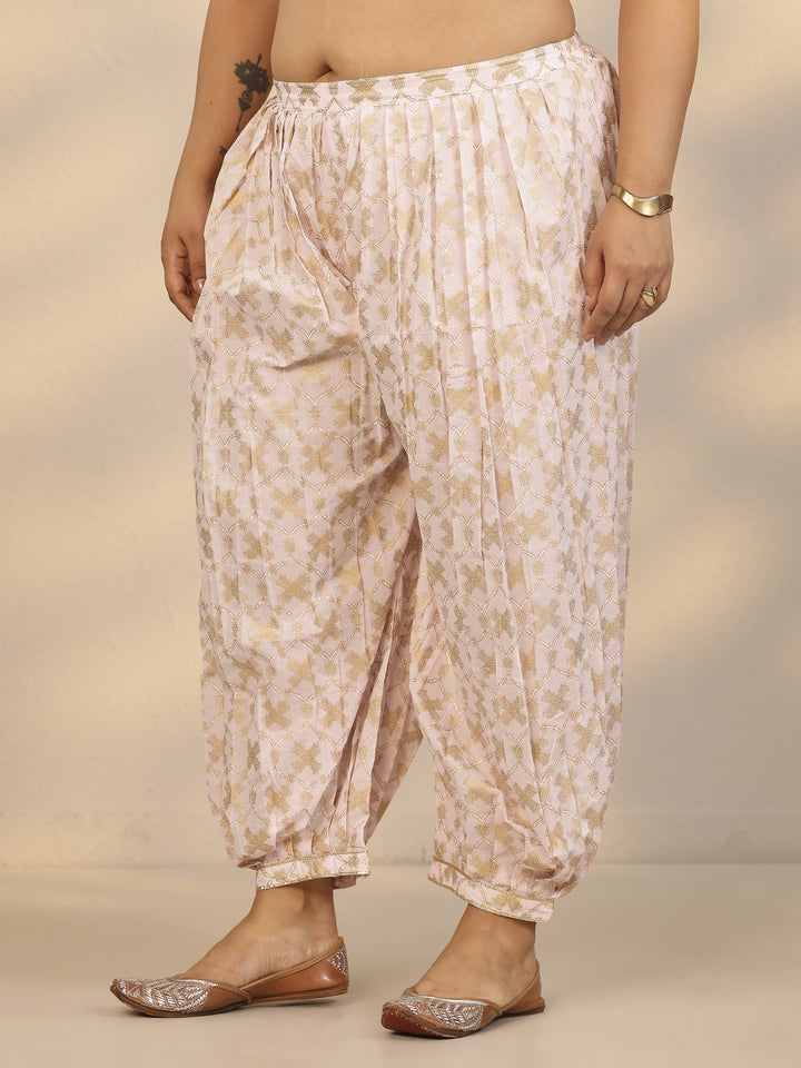 Plus Size Pink Printed Cotton Straight Suit Set With Dupatta