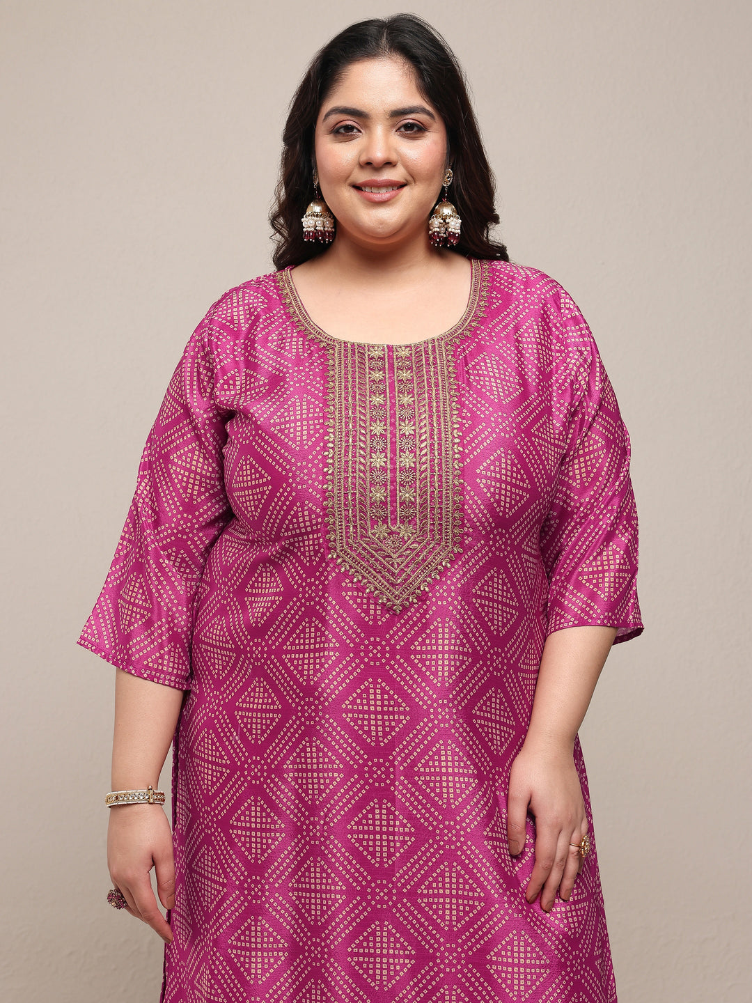 Plus Size Pink Bandhani Printed Chinon Straight Suit Set With Dupatta