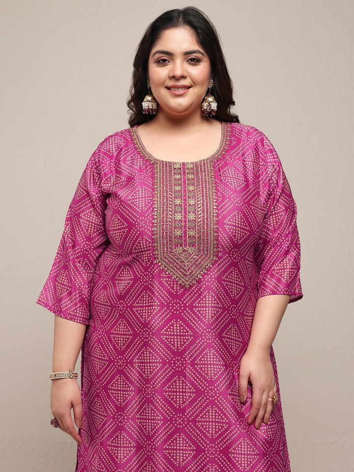 Plus Size Pink Bandhani Printed Chinon Straight Suit Set With Dupatta