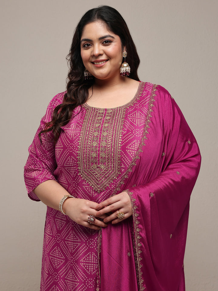 Plus Size Pink Bandhani Printed Chinon Straight Suit Set With Dupatta