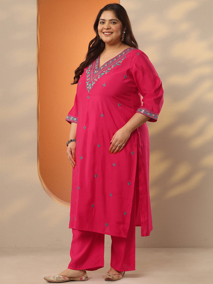 Plus Size Red Embroidered Silk Blend Straight Suit Set With Dupatta