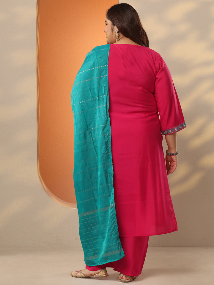 Plus Size Red Embroidered Silk Blend Straight Suit Set With Dupatta