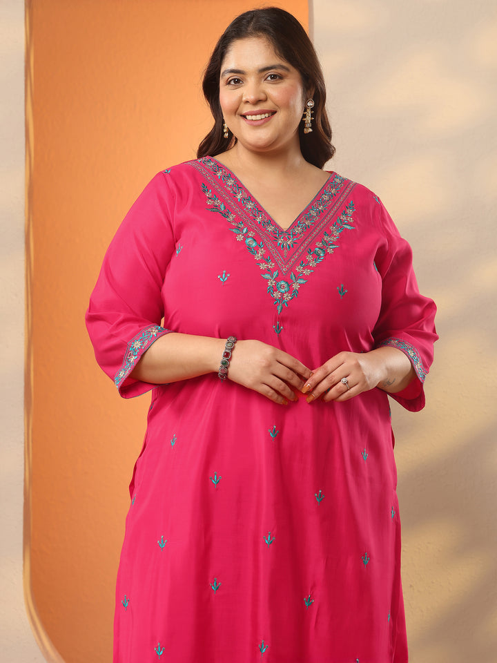 Plus Size Red Embroidered Silk Blend Straight Suit Set With Dupatta