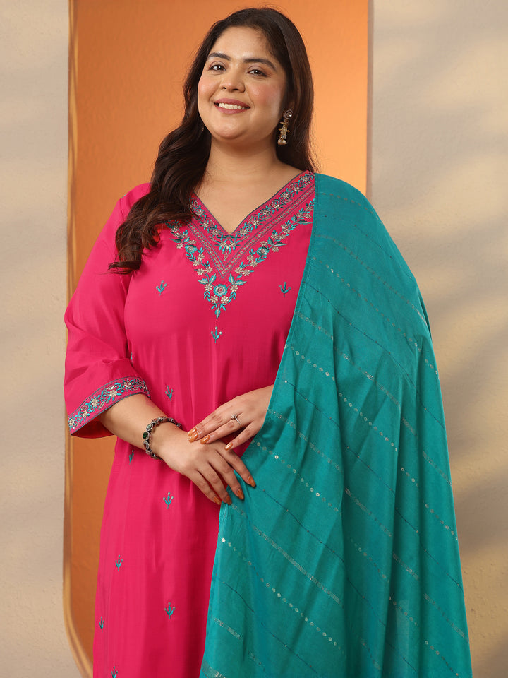 Plus Size Red Embroidered Silk Blend Straight Suit Set With Dupatta