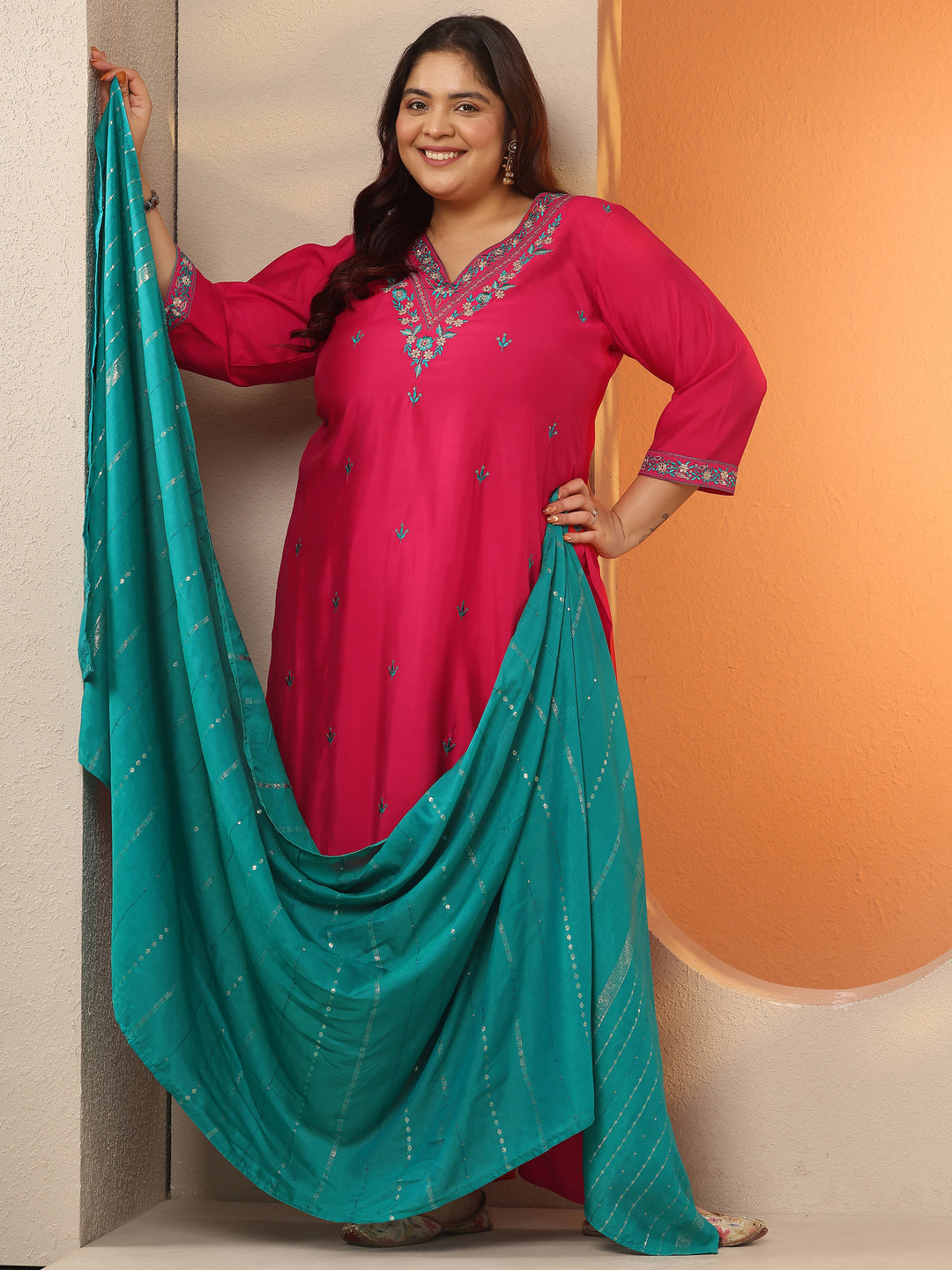 Plus Size Red Embroidered Silk Blend Straight Suit Set With Dupatta