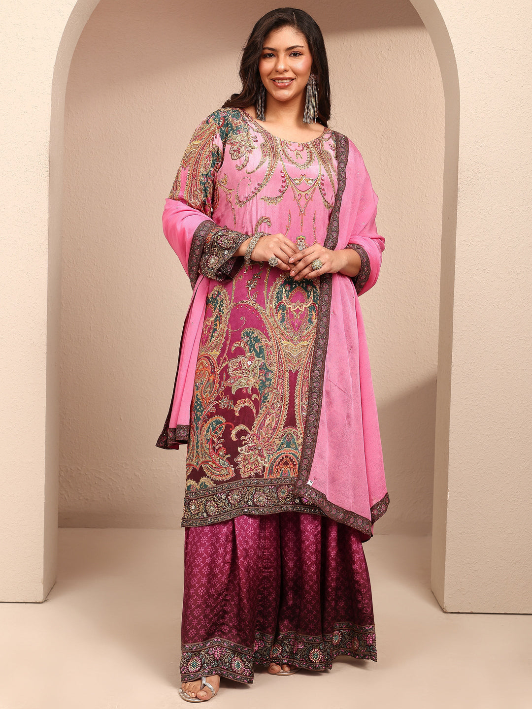 Plus Size Purple Paisley Embroidered Plus Size Clothing Crepe Straight Suit Set With Dupatta