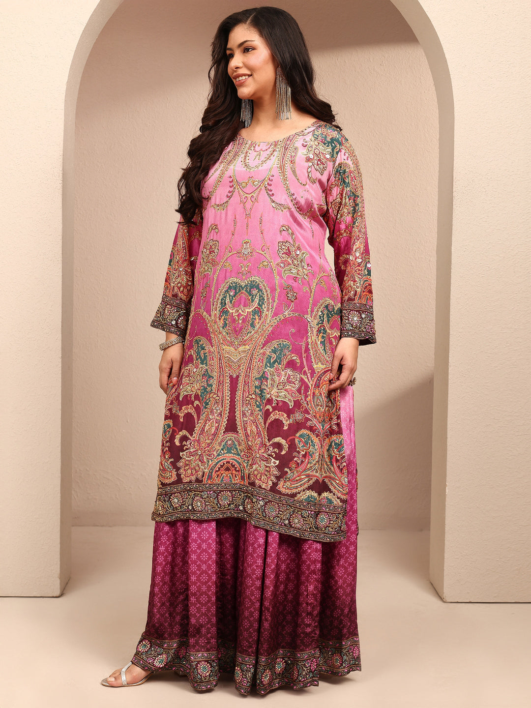 Plus Size Purple Paisley Embroidered Plus Size Clothing Crepe Straight Suit Set With Dupatta