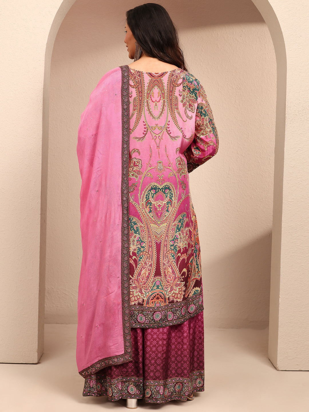 Plus Size Purple Paisley Embroidered Plus Size Clothing Crepe Straight Suit Set With Dupatta