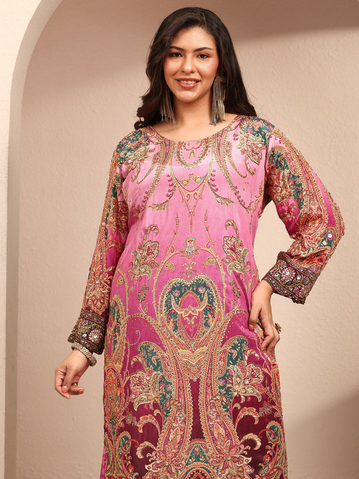 Plus Size Purple Paisley Embroidered Plus Size Clothing Crepe Straight Suit Set With Dupatta