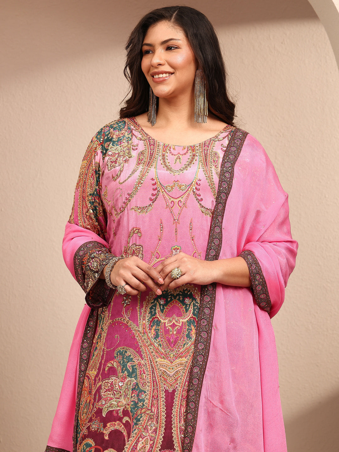 Plus Size Purple Paisley Embroidered Plus Size Clothing Crepe Straight Suit Set With Dupatta