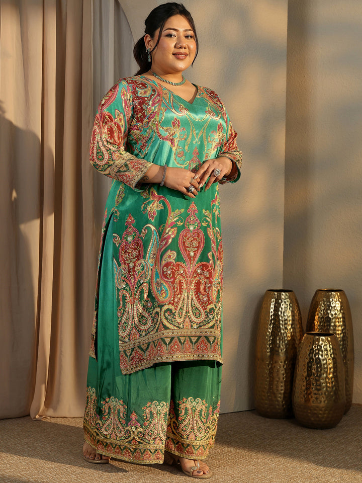 Plus Size Green Embroidered Crepe Straight Suit Set With Dupatta
