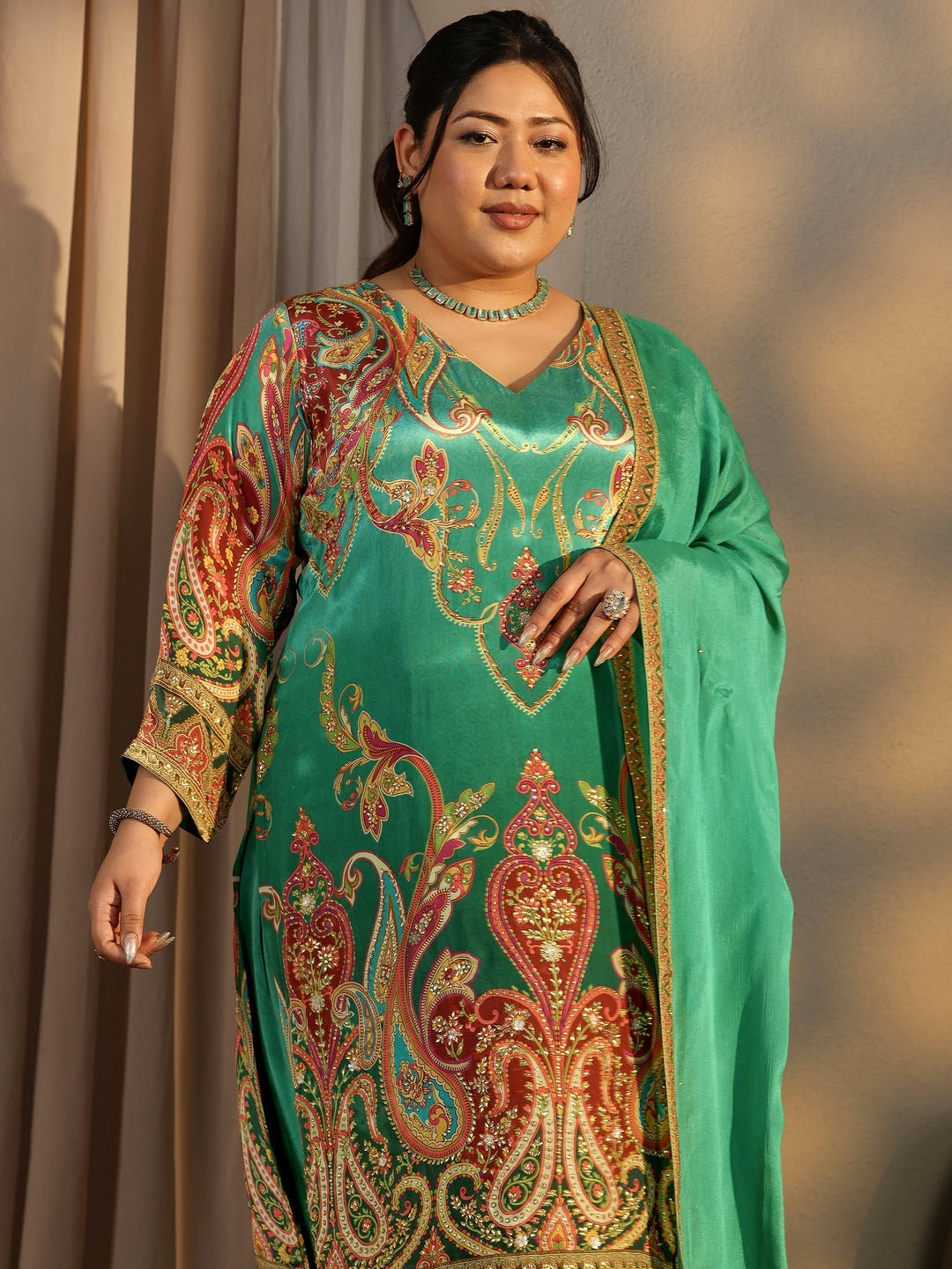 Plus Size Green Embroidered Crepe Straight Suit Set With Dupatta