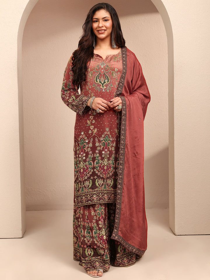 Plus Size Brown Embroidered Plus Size Clothing Crepe Straight Suit Set With Dupatta