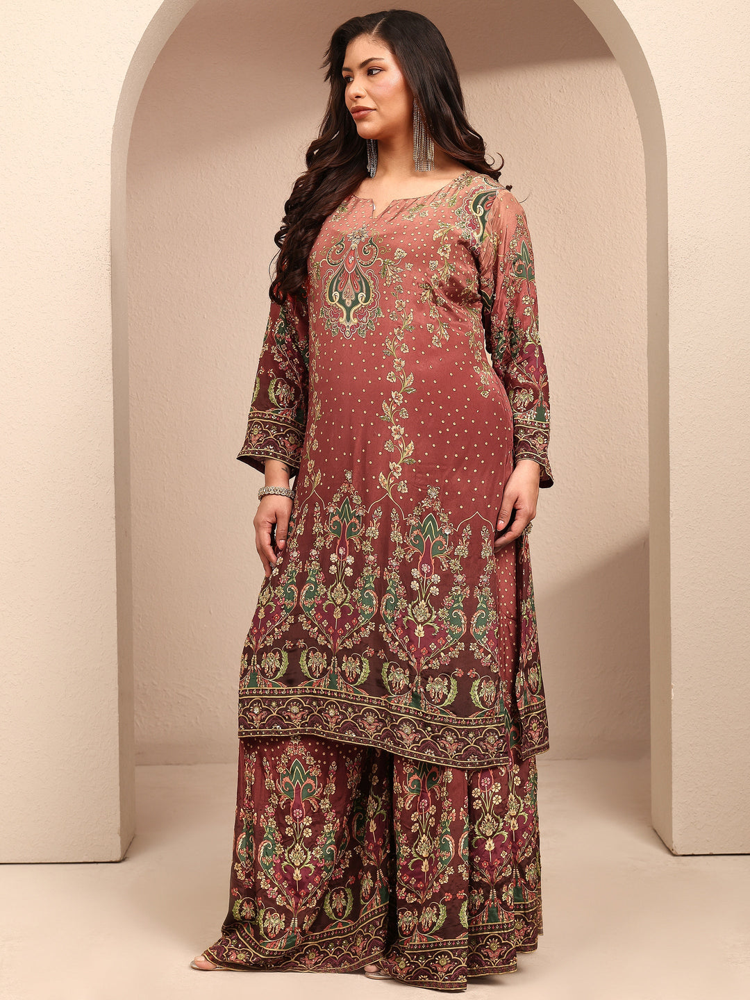 Plus Size Brown Embroidered Plus Size Clothing Crepe Straight Suit Set With Dupatta