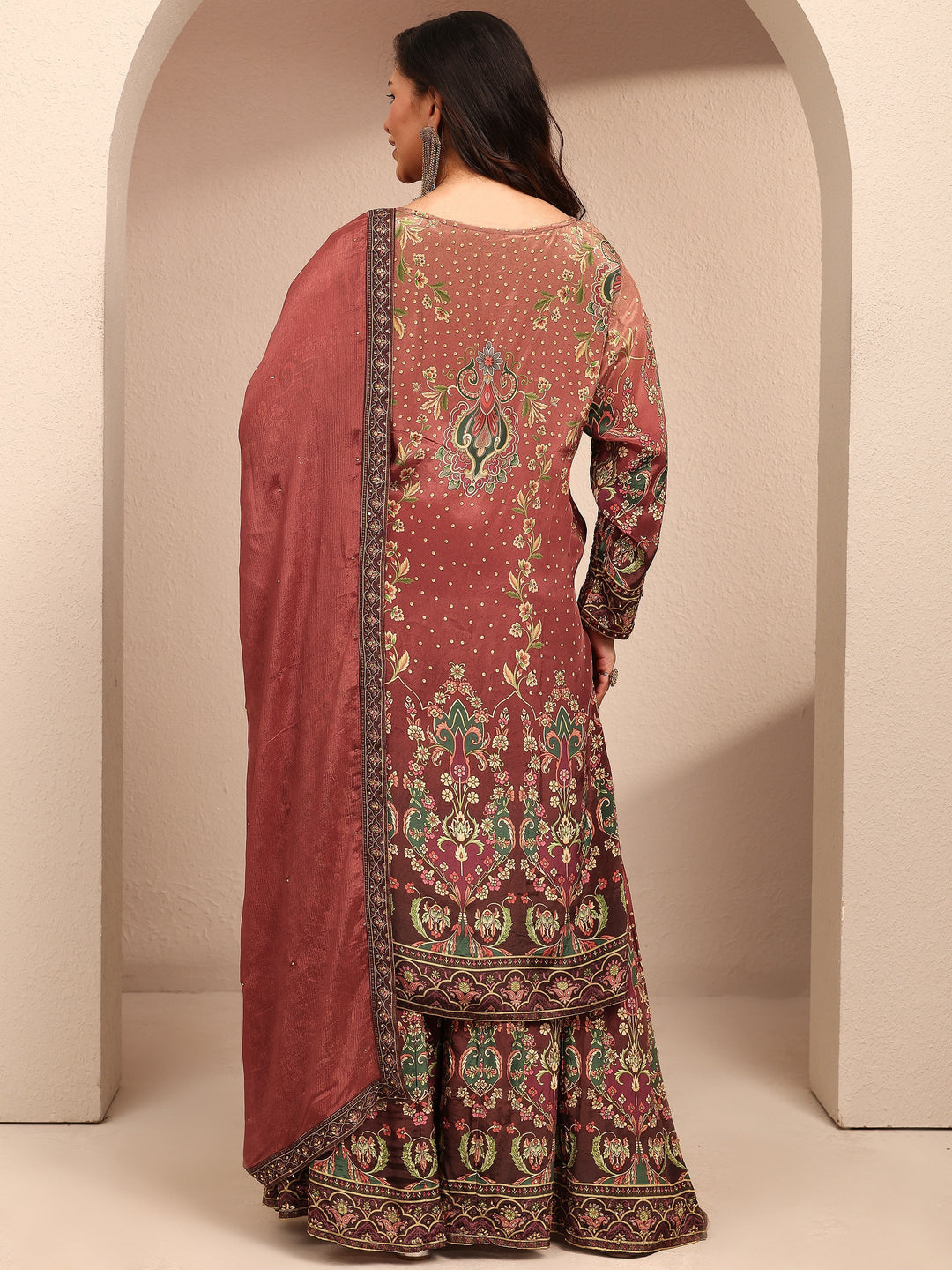 Plus Size Brown Embroidered Plus Size Clothing Crepe Straight Suit Set With Dupatta
