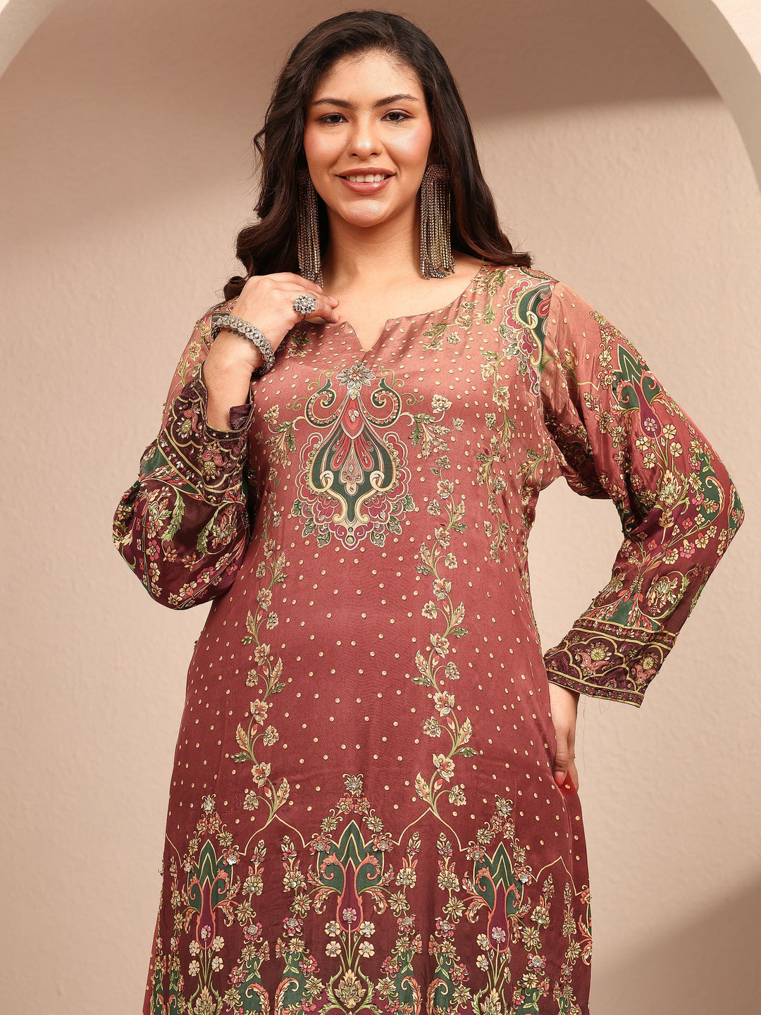 Plus Size Brown Embroidered Plus Size Clothing Crepe Straight Suit Set With Dupatta