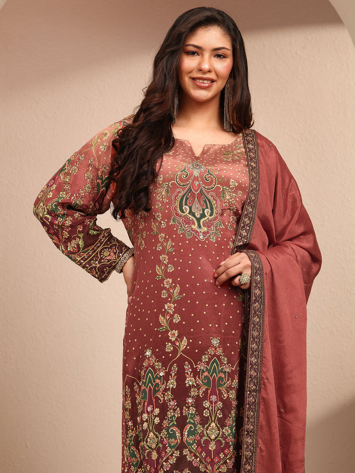 Plus Size Brown Embroidered Plus Size Clothing Crepe Straight Suit Set With Dupatta