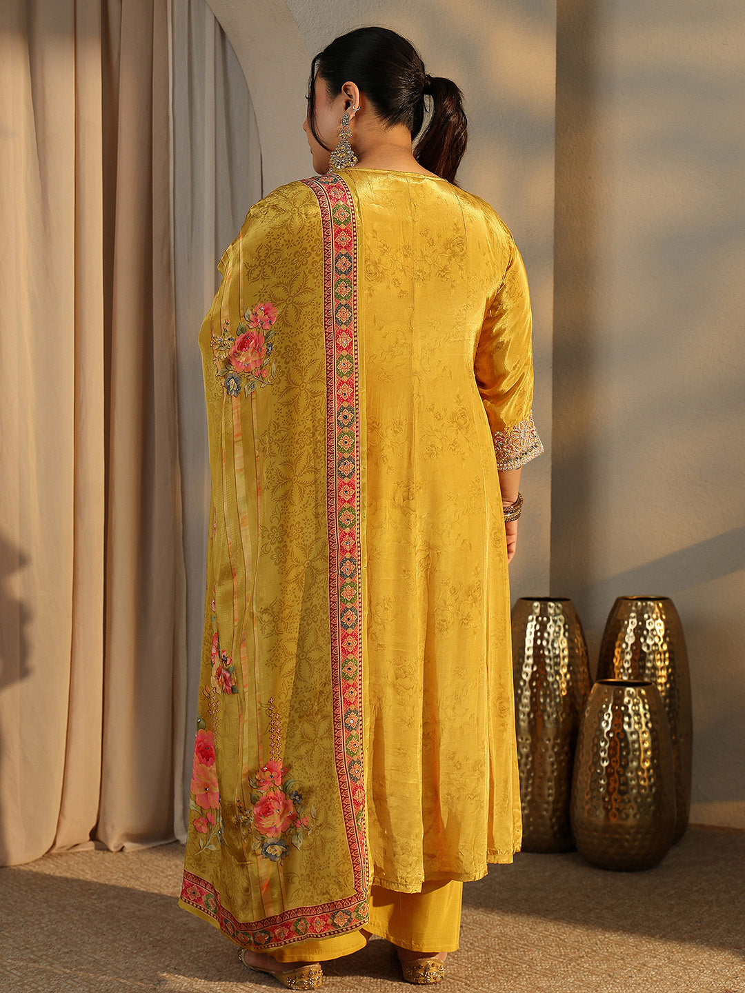 Plus Size Mustard Embroidered Crepe Anarkali Suit Set With Dupatta