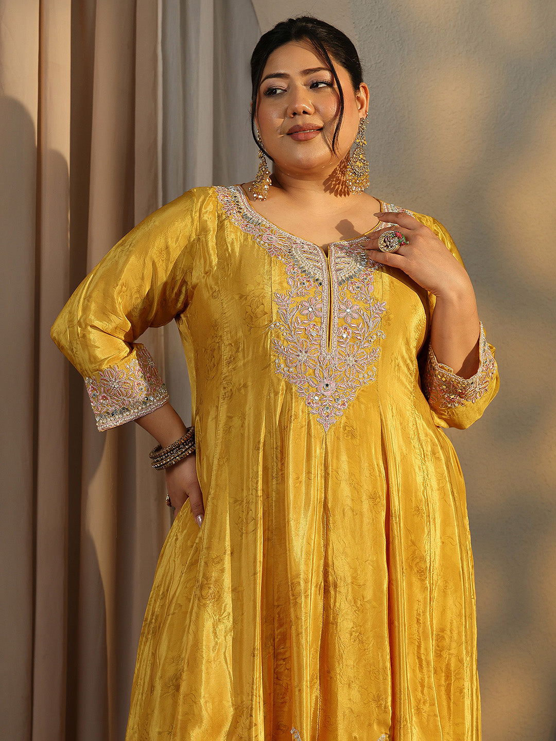 Plus Size Mustard Embroidered Crepe Anarkali Suit Set With Dupatta