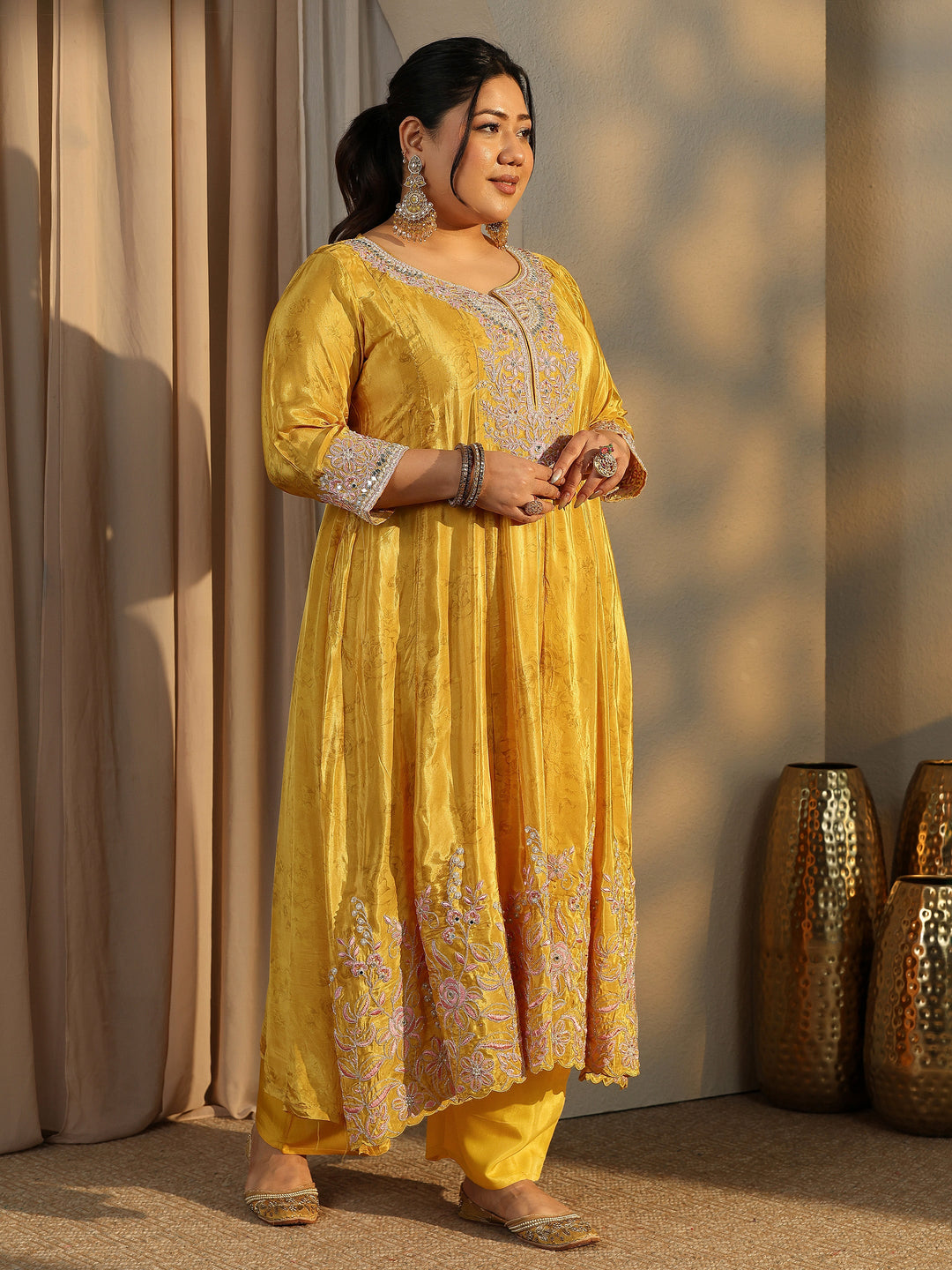 Plus Size Mustard Embroidered Crepe Anarkali Suit Set With Dupatta