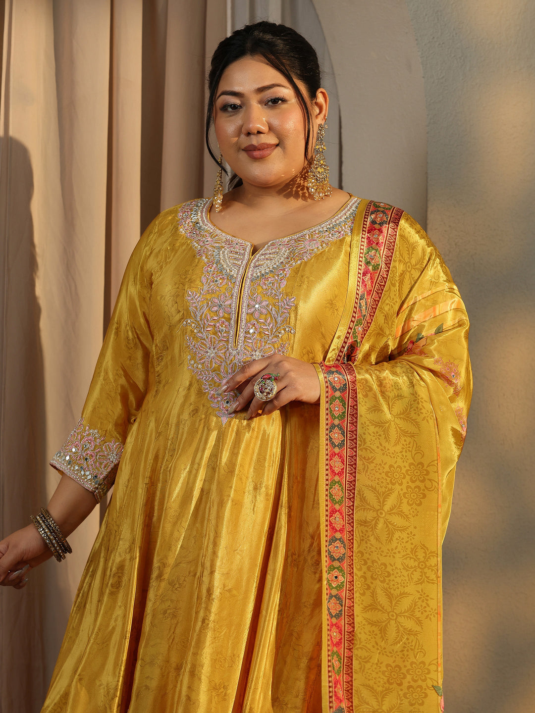 Plus Size Mustard Embroidered Crepe Anarkali Suit Set With Dupatta