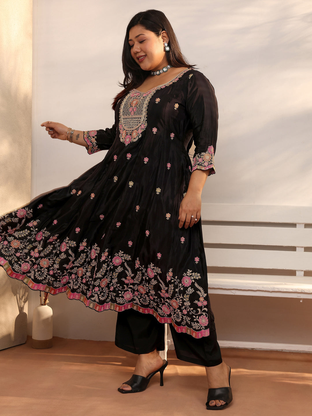 Plus Size Black Embroidered Crepe Anarkali Suit Set With Dupatta
