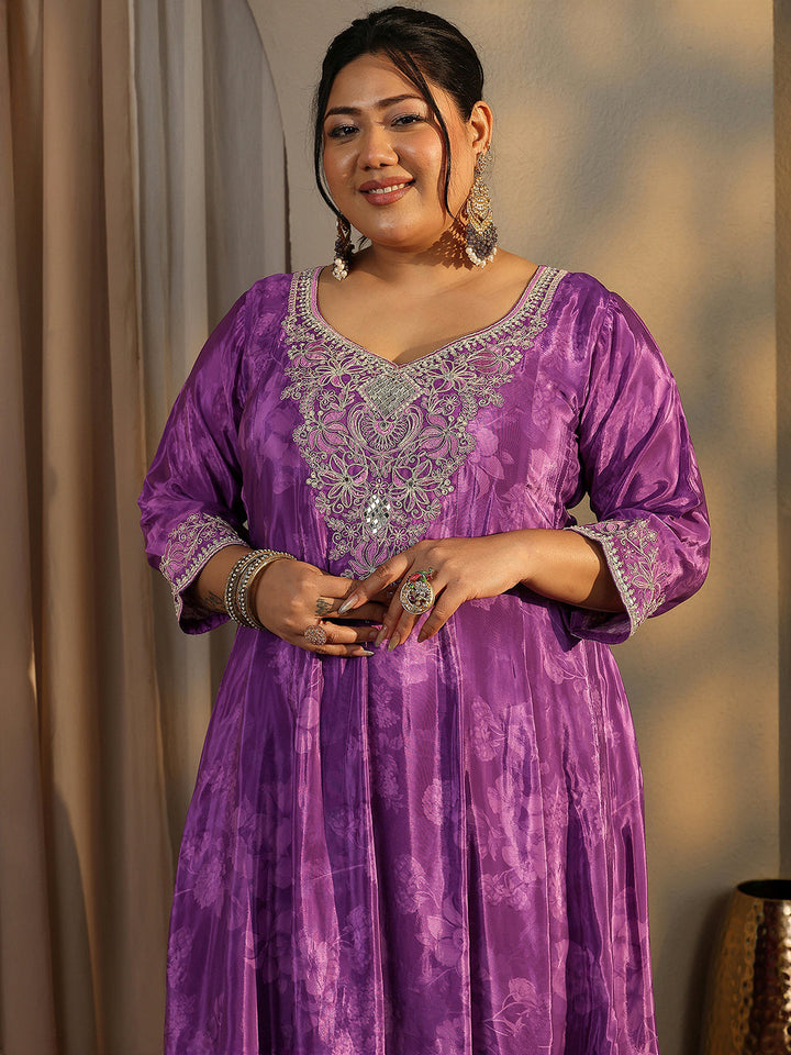 Plus Size Purple Embroidered Crepe Anarkali Suit Set With Dupatta