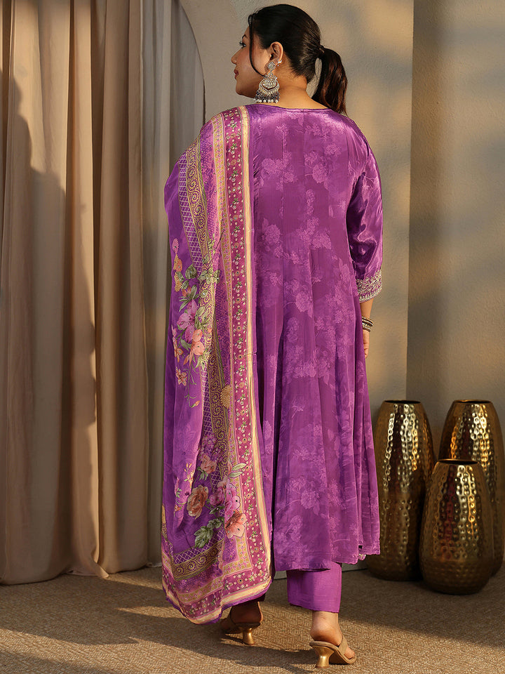 Plus Size Purple Embroidered Crepe Anarkali Suit Set With Dupatta