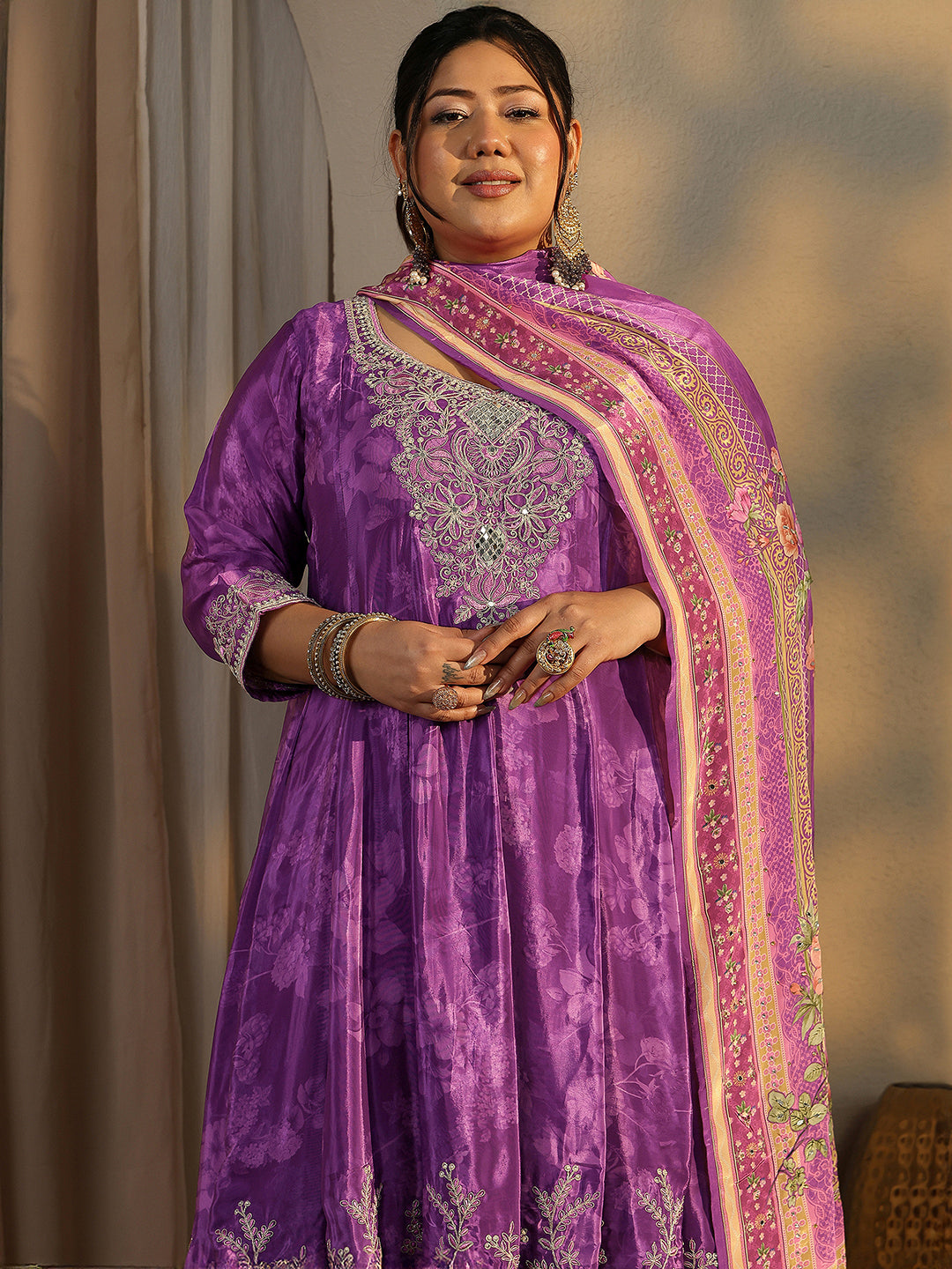 Plus Size Purple Embroidered Crepe Anarkali Suit Set With Dupatta