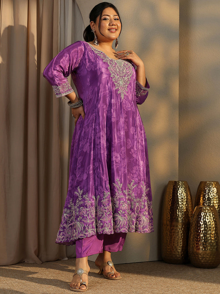 Plus Size Purple Embroidered Crepe Anarkali Suit Set With Dupatta