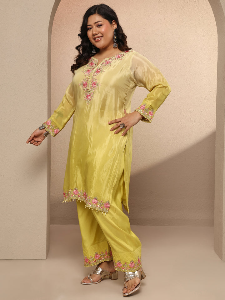 Plus Size Yellow Embroidered Crepe Suit Set With Dupatta