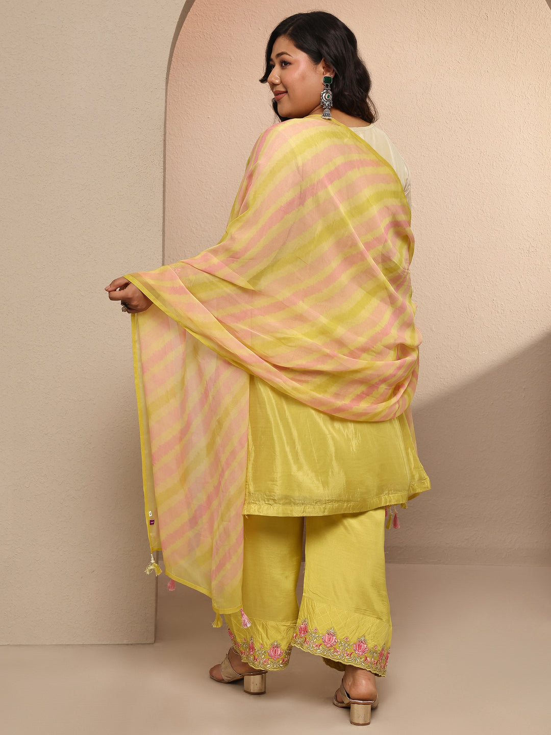 Plus Size Yellow Embroidered Crepe Suit Set With Dupatta